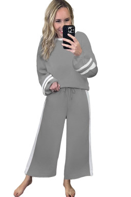 Gray Contrast Trim Long Sleeve Pullover and Pants Set