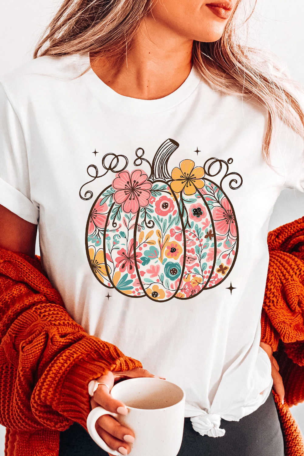 White Floral Pumpkin Heat Transfer Printing Cotton Blend T Shirt