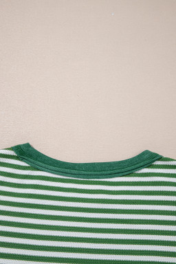 Green Striped Patchwork Knit Drop Shoulder Top