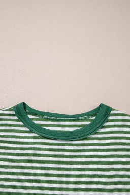 Green Striped Patchwork Knit Drop Shoulder Top