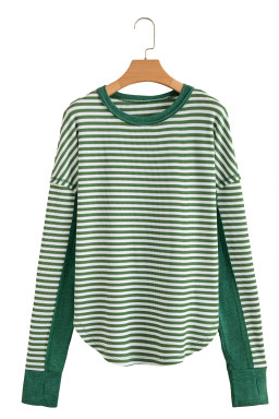 Green Striped Patchwork Knit Drop Shoulder Top