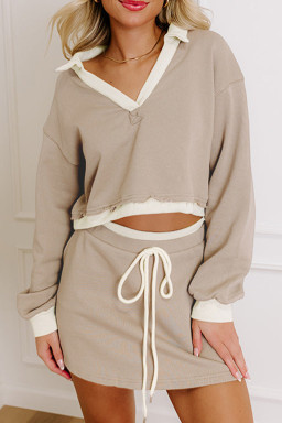 Parchment Raw Edge Detail Patchwork Cropped Pullover Drawstring Skirt Set