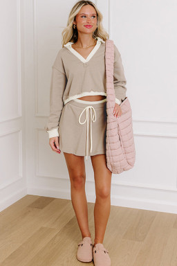 Parchment Raw Edge Detail Patchwork Cropped Pullover Drawstring Skirt Set