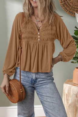 Cinnamon Smocked Bust Buttoned Split V Neck Flowy Blouse