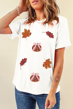 White Pumpkin Leaves Sequins Patch Fall Vibe Graphic T Shirt