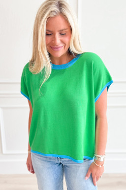 Green Contrast Trim Round Neck Short Sleeve Loose Knit Top