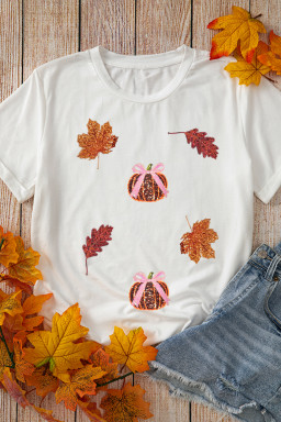 White Pumpkin Leaves Sequins Patch Fall Vibe Graphic T Shirt