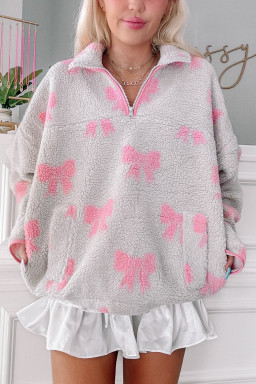 Gray Quarter Zip Bow Pattern Sherpa Baggy Sweatshirt