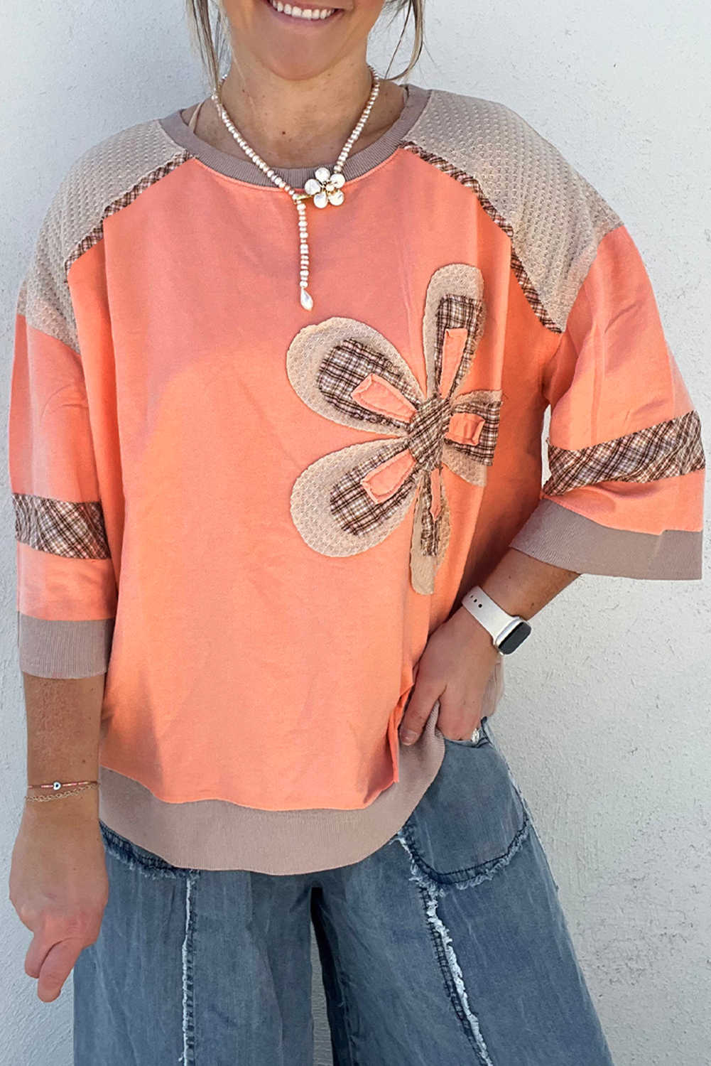 Grapefruit Orange Plaid Waffle Flower Patchwork Bracelet Sleeve Top