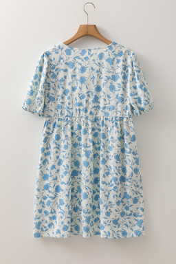 Sky Blue Floral Bow Front Puff Sleeve Mini Dress