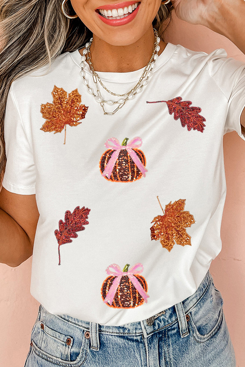 White Pumpkin Leaves Sequins Patch Fall Vibe Graphic T Shirt