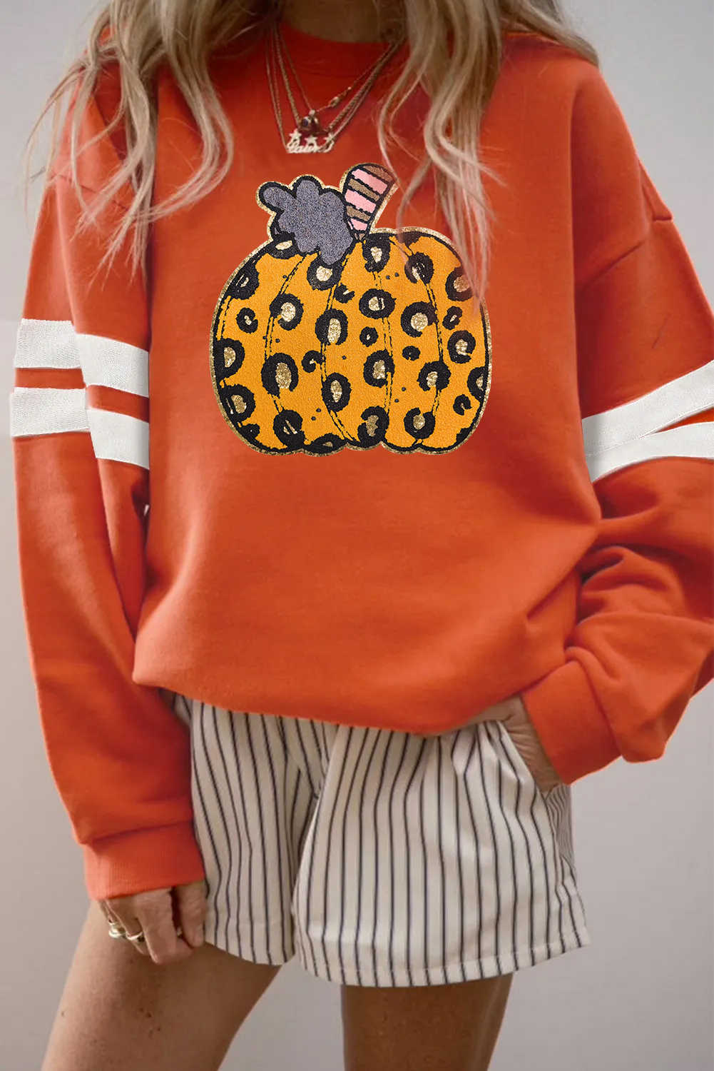 Orange Leopard Pumpkin Terry Flocking Graphic Varsity Oversized Sweatshirt