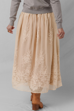 Oatmeal Embroidered Mesh Overlay Flowy Long Skirt