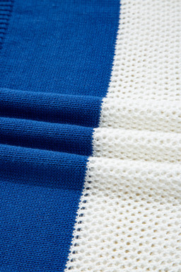 Blue Stripe Colorblock Polo Collar Eyelet Crochet Knit Sweater