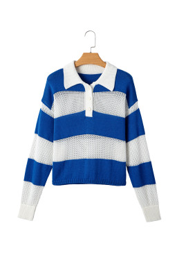Blue Stripe Colorblock Polo Collar Eyelet Crochet Knit Sweater