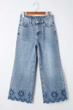 Dusk Blue Embroidered Cropped Wide Leg High Waist Jeans