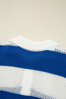 Blue Stripe Colorblock Polo Collar Eyelet Crochet Knit Sweater