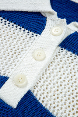 Blue Stripe Colorblock Polo Collar Eyelet Crochet Knit Sweater