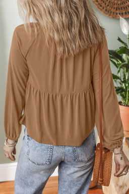 Cinnamon Smocked Bust Buttoned Split V Neck Flowy Blouse