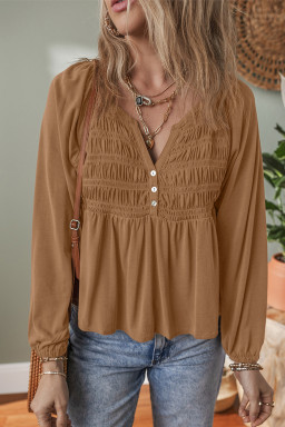 Cinnamon Smocked Bust Buttoned Split V Neck Flowy Blouse