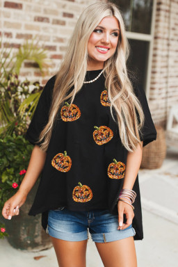 Black Pumpkin Face Sequins Patch Halloween Graphic Tee
