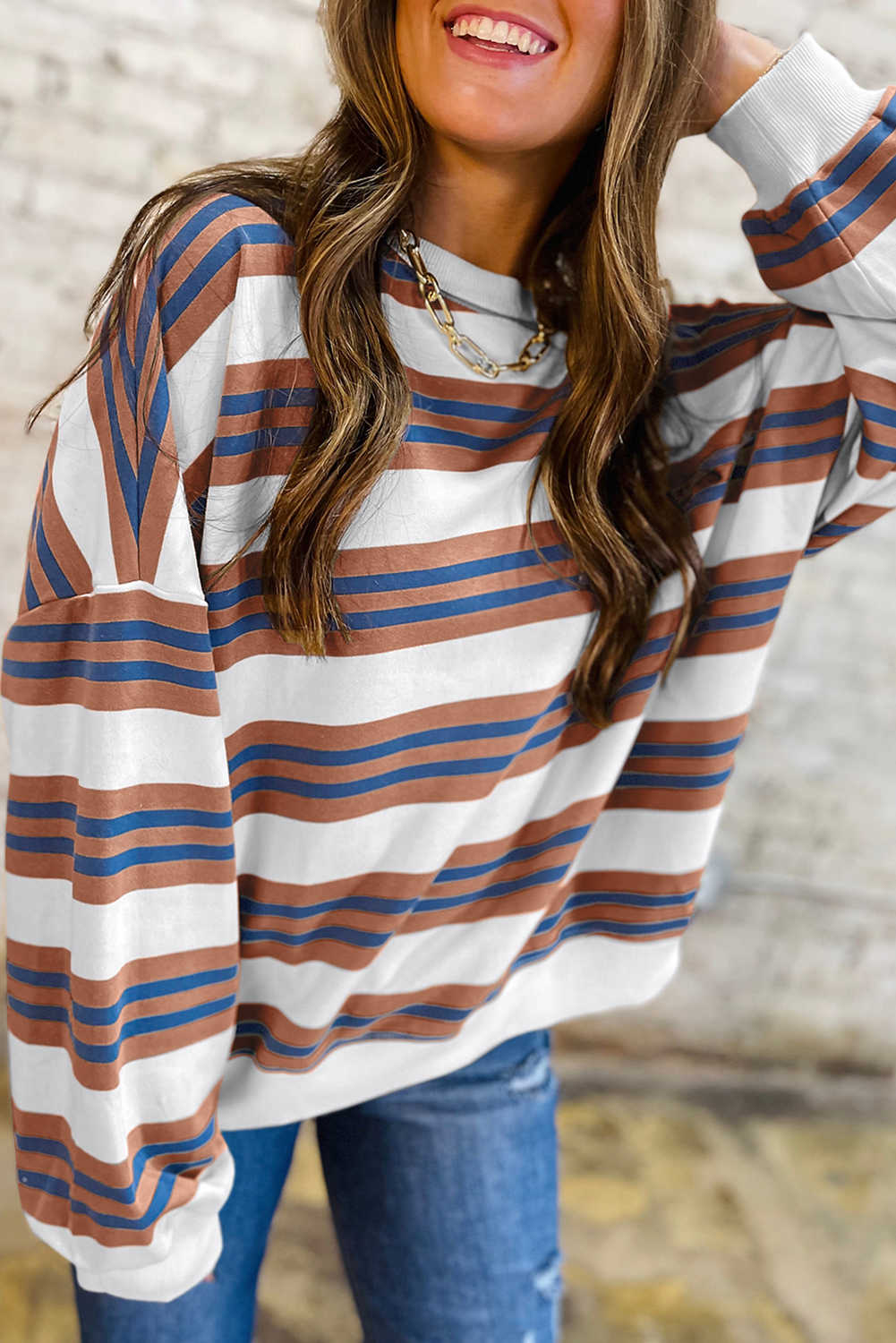 Brown Stripe Crew Neck Drop Shoulder Pullover Sweatshirt
