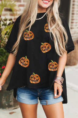 Black Pumpkin Face Sequins Patch Halloween Graphic Tee