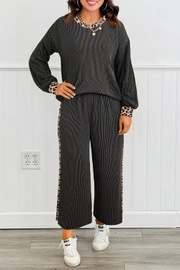 Carbon Grey Twisted Rib Leopard Patchwork Detail 2pcs Pants Set