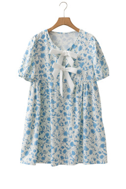 Sky Blue Floral Bow Front Puff Sleeve Mini Dress