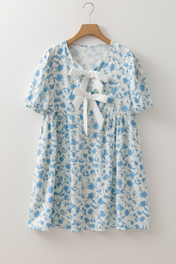Sky Blue Floral Bow Front Puff Sleeve Mini Dress