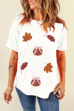 White Pumpkin Leaves Sequins Patch Fall Vibe Graphic T Shirt