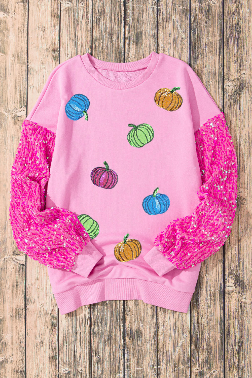 Pink Thanksgiving Halloween Pumpkin Pattern Sequin Sleeve Patchwork Pullover Top