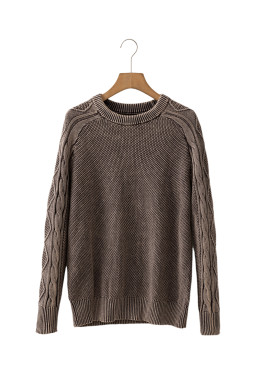 Dark Brown Cable Knit Raglan Sleeve Casual Sweater