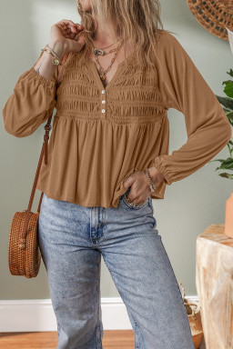 Cinnamon Smocked Bust Buttoned Split V Neck Flowy Blouse
