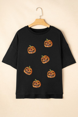 Black Pumpkin Face Sequins Patch Halloween Graphic Tee
