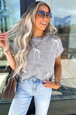 Light Grey Bowknot Applique Cap Sleeve Sweater