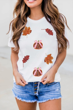 White Pumpkin Leaves Sequins Patch Fall Vibe Graphic T Shirt