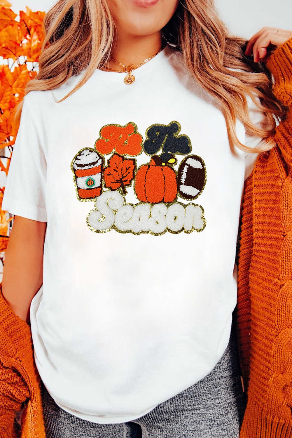 White Iis The Season Pumpkin Spice Terry Flocking Graphic Crewneck T Shirt
