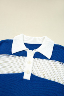 Blue Stripe Colorblock Polo Collar Eyelet Crochet Knit Sweater
