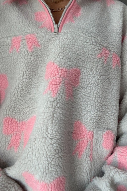 Gray Quarter Zip Bow Pattern Sherpa Baggy Sweatshirt