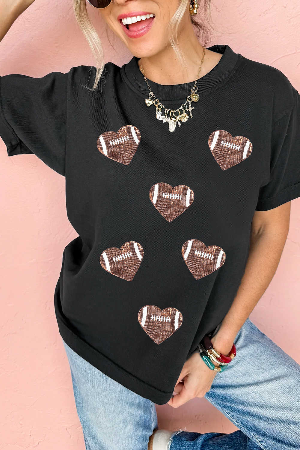 Black Football Sequin Heart Patched Graphic Tee
