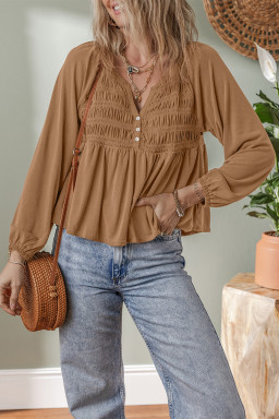 Cinnamon Smocked Bust Buttoned Split V Neck Flowy Blouse