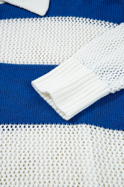 Blue Stripe Colorblock Polo Collar Eyelet Crochet Knit Sweater