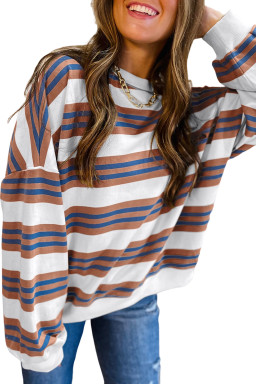Brown Stripe Crew Neck Drop Shoulder Pullover Sweatshirt