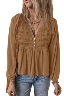 Cinnamon Smocked Bust Buttoned Split V Neck Flowy Blouse