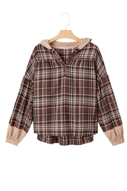 Brown Plaid Waffle Patchwork Long Sleeve Henley Hooded Top