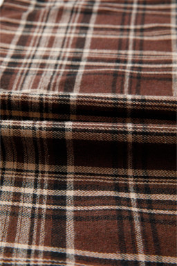 Brown Plaid Waffle Patchwork Long Sleeve Henley Hooded Top