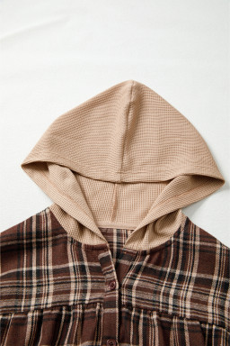 Brown Plaid Waffle Patchwork Long Sleeve Henley Hooded Top