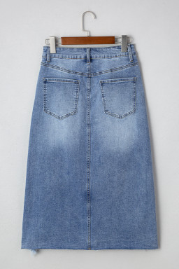 Myosotis Irregular Distressed Hem Denim Midi Skirt