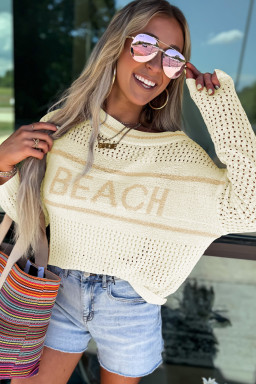 White BEACH Hollow Out Knitted Lightweight Dolman Sweater